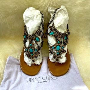 Jimmy Choo heeled sandals in Tobacco Kid Leather with beading.